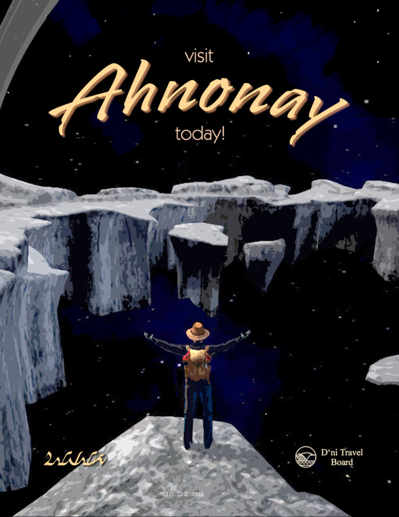 man with backpack standing on asteroid-like rocks with arms outstretched, under "Visit Ahnonay Today!" logo